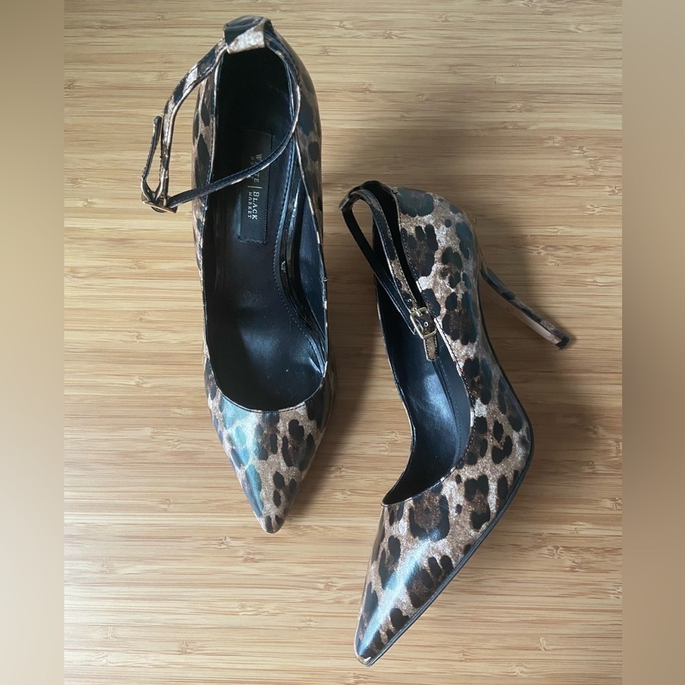 Leopard Print Pointed Toe Ankle Strap Heels